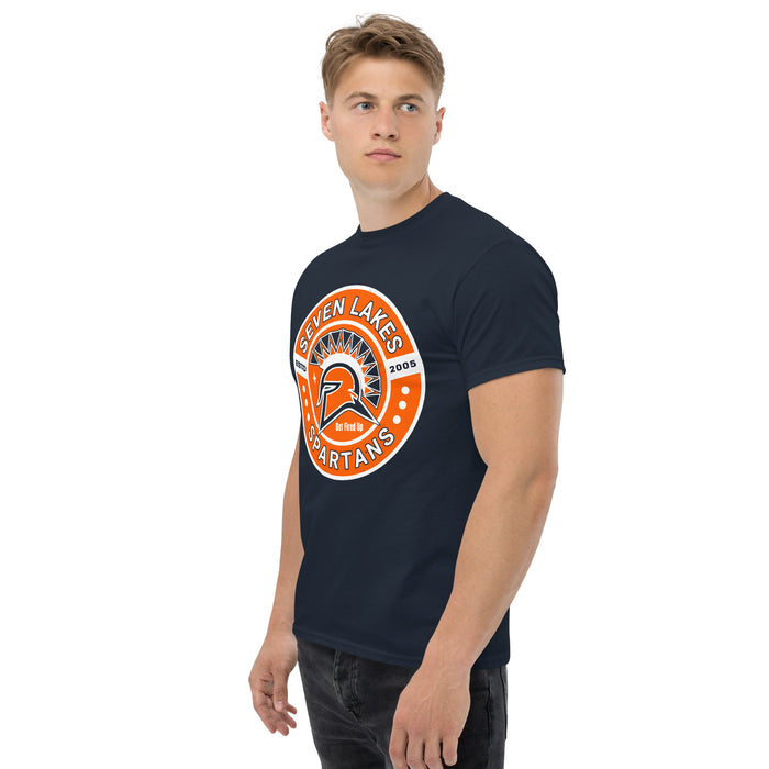 Man wearing Seven Lakes High School Spartans Navy Blue Classic Unisex T-shirt 239