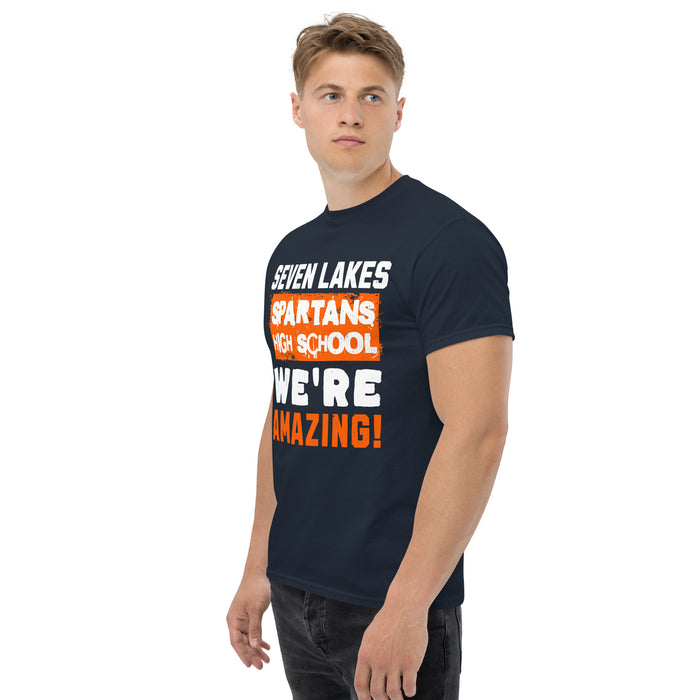 Man wearing Seven Lakes High School Spartans Navy Blue Classic Unisex T-shirt 231