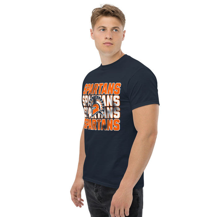 Man wearing Seven Lakes High School Spartans Navy Blue Classic Unisex T-shirt 233