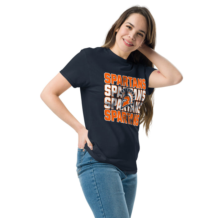 Woman wearing Seven Lakes High School Spartans Navy Blue Classic Unisex T-shirt 233
