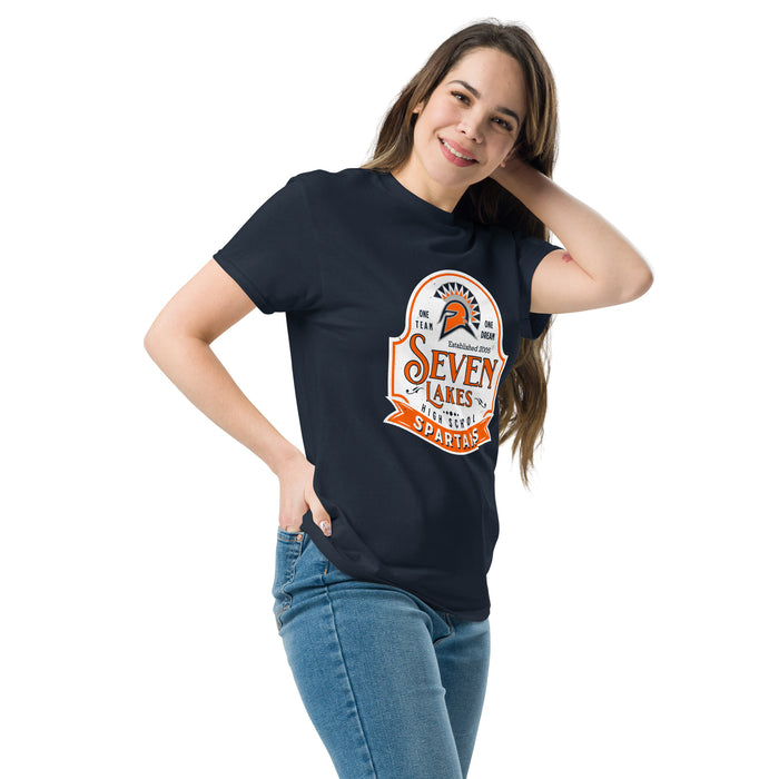 Woman wearing Seven Lakes High School Spartans Navy Blue Classic Unisex T-shirt 219