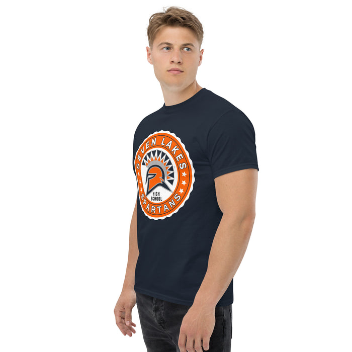 Man wearing Seven Lakes High School Spartans Navy Blue Classic Unisex T-shirt 216