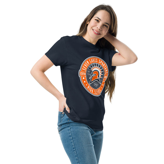 Woman wearing Seven Lakes High School Spartans Navy Blue Classic Unisex T-shirt 224