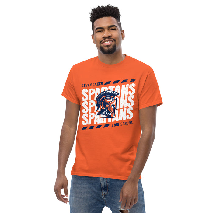 Man wearing Seven Lakes High School Spartans Orange Classic Unisex T-shirt 223