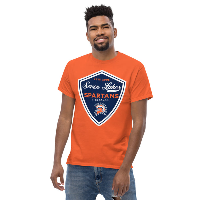 Man wearing Seven Lakes High School Spartans Orange Classic Unisex T-shirt 225