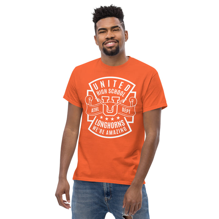 Man wearing United High School Longhorns Orange Classic Unisex T-shirt 207