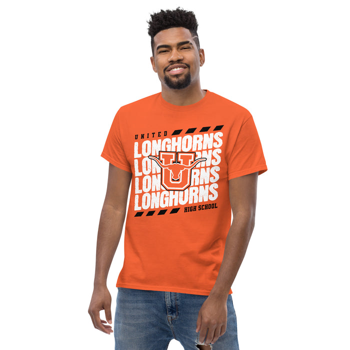 Man wearing United High School Longhorns Orange Classic Unisex T-shirt 223