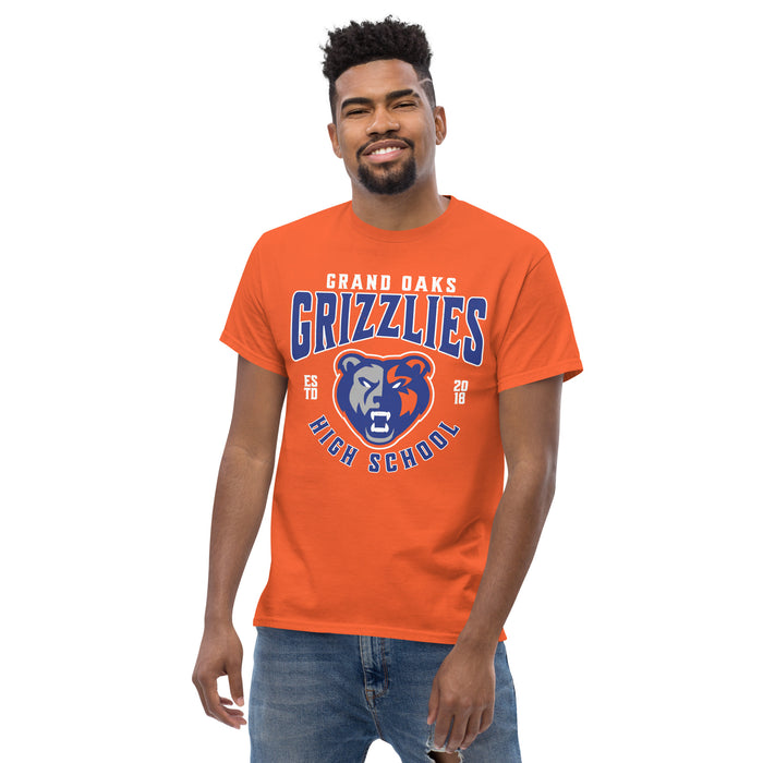 Man wearing Grand Oaks High School Grizzlies Classic Unisex Orange T-shirt 213