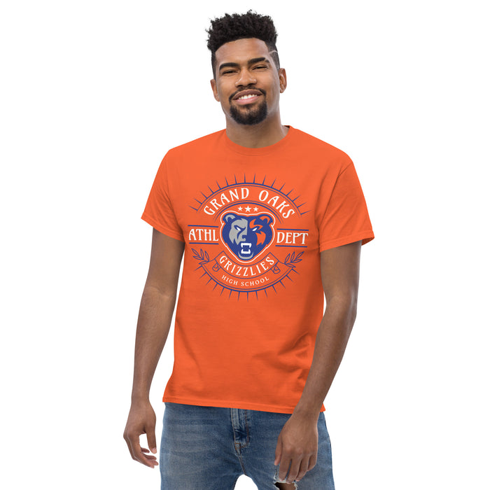 Man wearing Grand Oaks High School Grizzlies Classic Unisex Orange T-shirt 201
