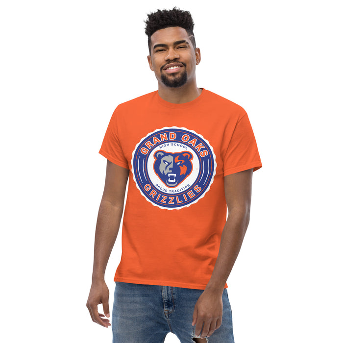 Man wearing Grand Oaks High School Grizzlies Classic Unisex Orange T-shirt 216