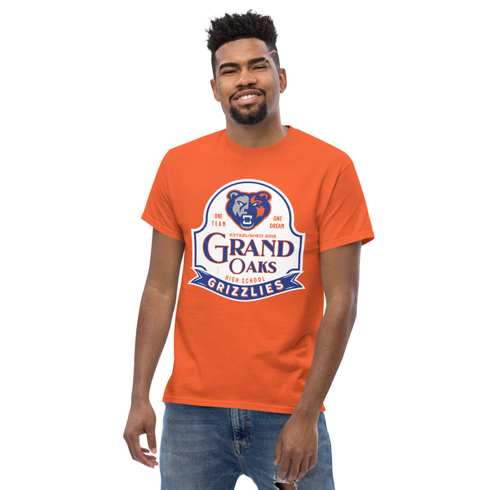 Man wearing Grand Oaks High School Grizzlies Classic Unisex Orange T-shirt 219