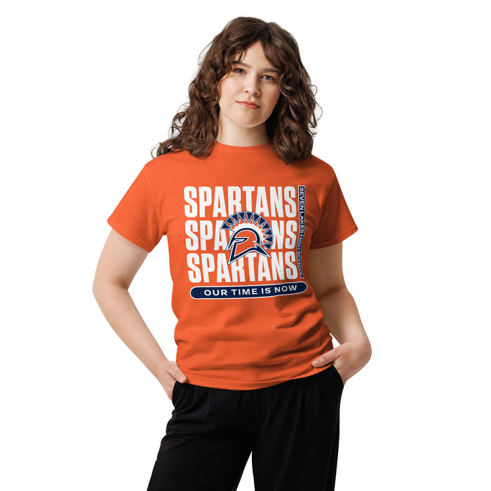 Woman wearing Seven Lakes High School Spartans Orange Classic Unisex T-shirt 235