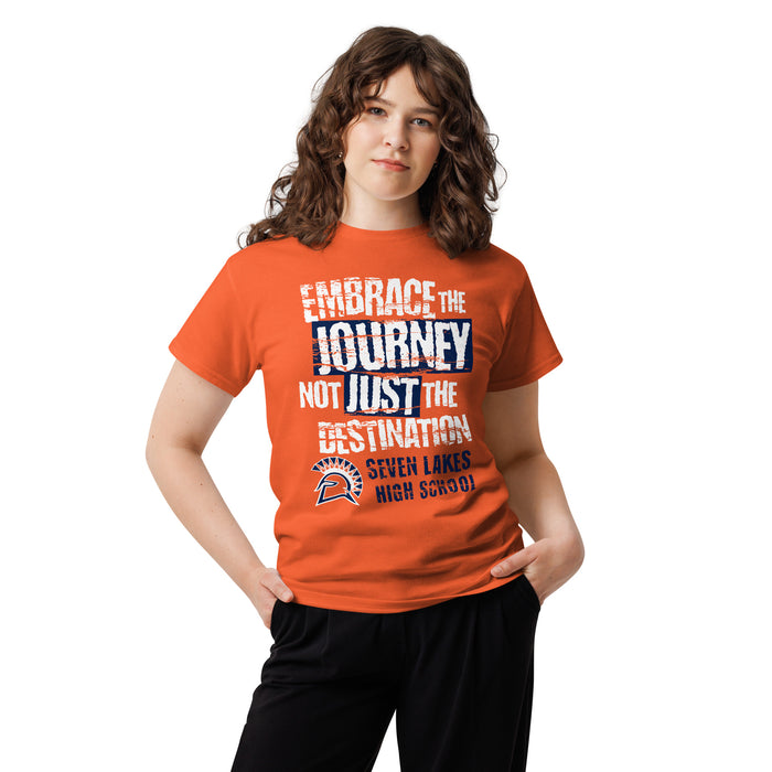 Woman wearing Seven Lakes High School Spartans Orange Classic Unisex T-shirt 232
