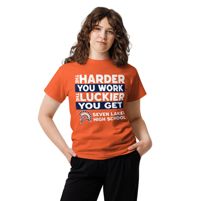 Woman wearing Seven Lakes High School Spartans Orange Classic Unisex T-shirt 238