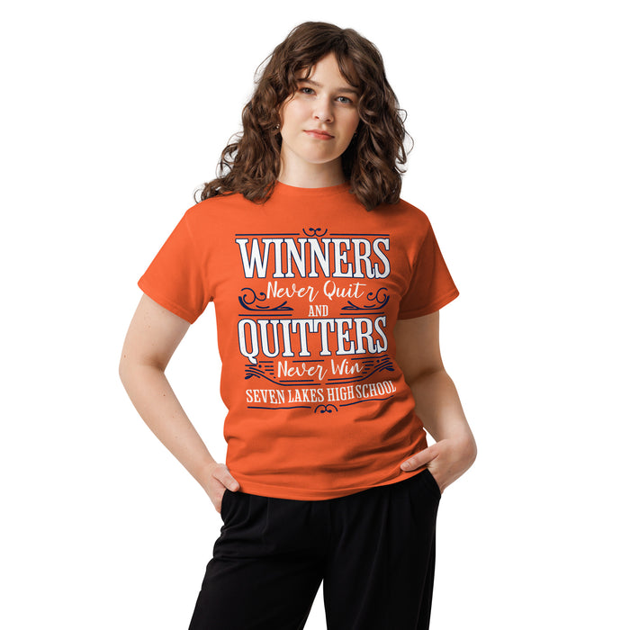 Woman wearing Seven Lakes High School Spartans Orange Classic Unisex T-shirt 237