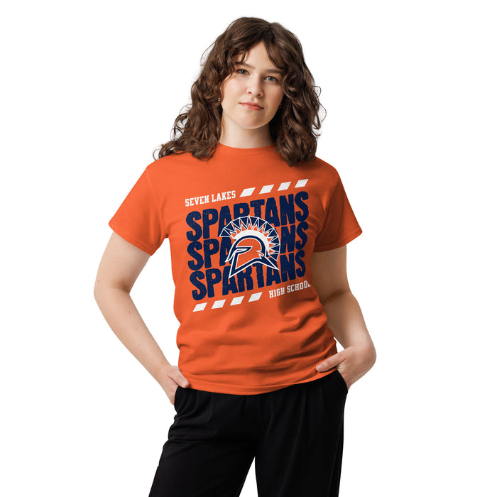 Woman wearing Seven Lakes High School Spartans Orange Classic Unisex T-shirt 223