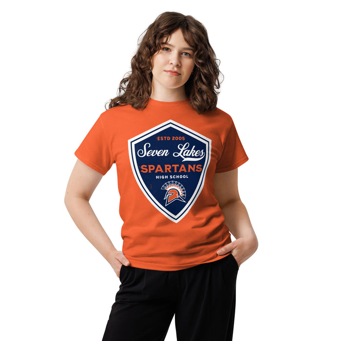 Woman wearing Seven Lakes High School Spartans Orange Classic Unisex T-shirt 225
