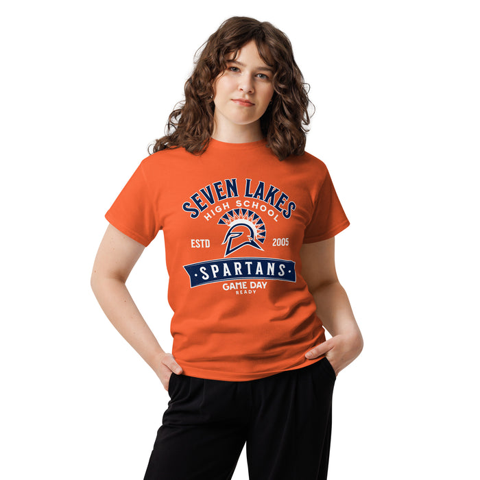 Woman wearing Seven Lakes High School Spartans Orange Classic Unisex T-shirt 221