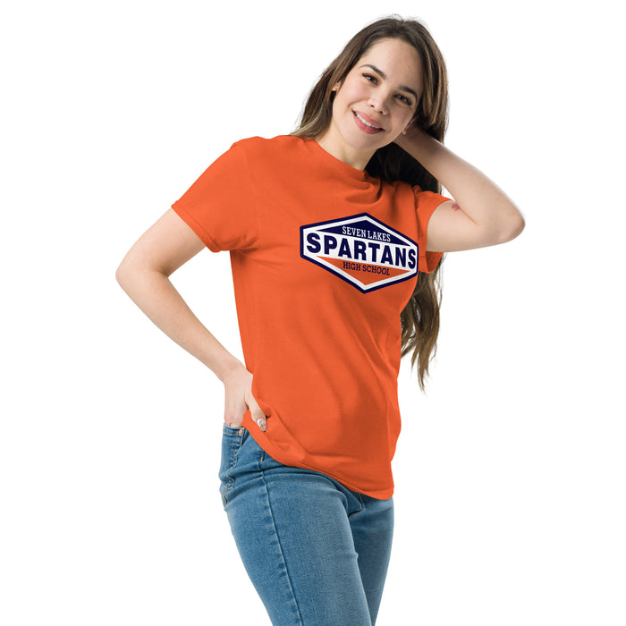 Woman wearing Seven Lakes High School Spartans Orange Classic Unisex T-shirt 009