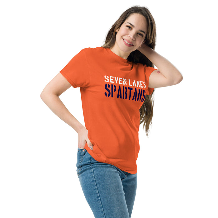 Woman wearing Seven Lakes High School Spartans Orange Classic Unisex T-shirt 017