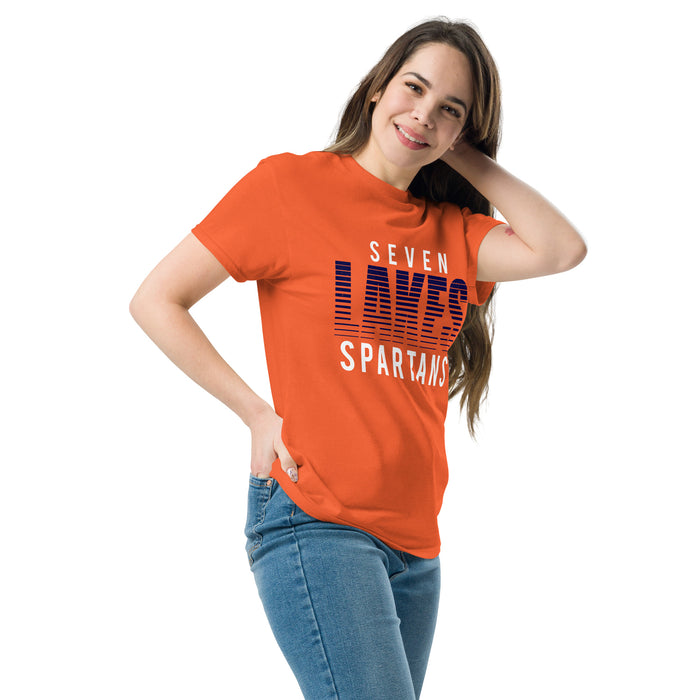 Woman wearing Seven Lakes High School Spartans Orange Classic Unisex T-shirt 024