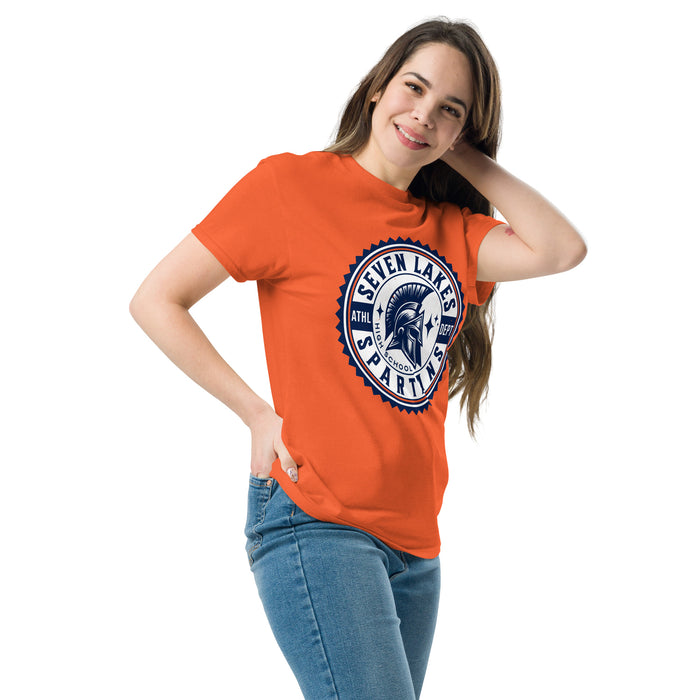 Woman wearing Seven Lakes High School Spartans Orange Classic Unisex T-shirt 203