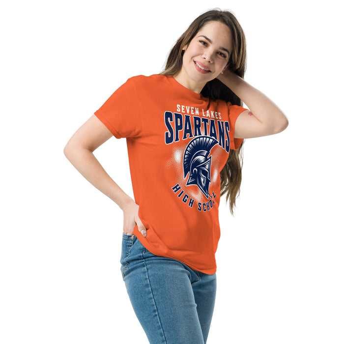 Woman wearing Seven Lakes High School Spartans Orange Classic Unisex T-shirt 213