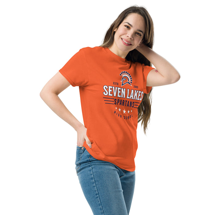 Woman wearing Seven Lakes High School Spartans Orange Classic Unisex T-shirt 217