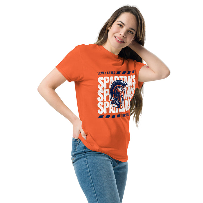 Woman wearing Seven Lakes High School Spartans Orange Classic Unisex T-shirt 223