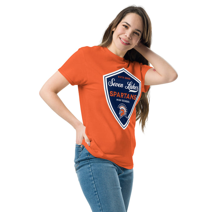 Woman wearing Seven Lakes High School Spartans Orange Classic Unisex T-shirt 225