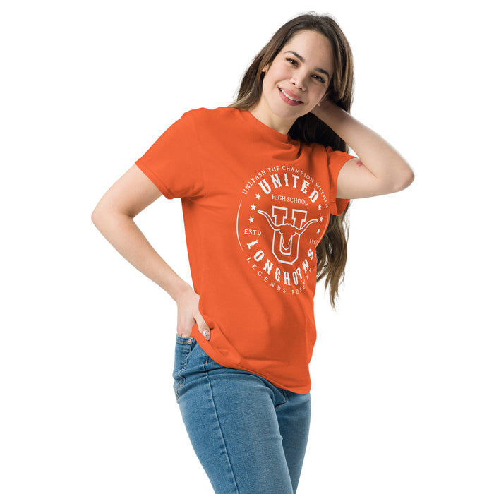 Woman wearing United High School Longhorns Orange Classic Unisex T-shirt 214