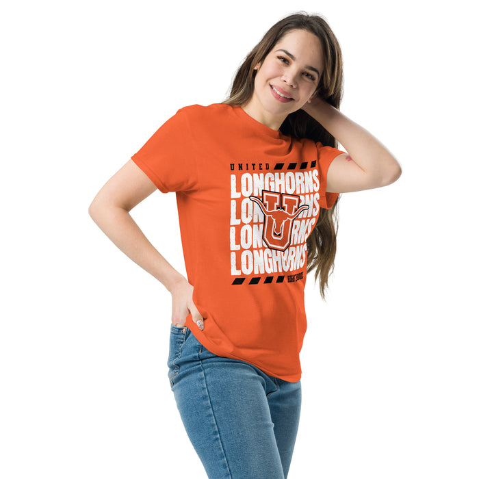 Woman wearing United High School Longhorns Orange Classic Unisex T-shirt 223