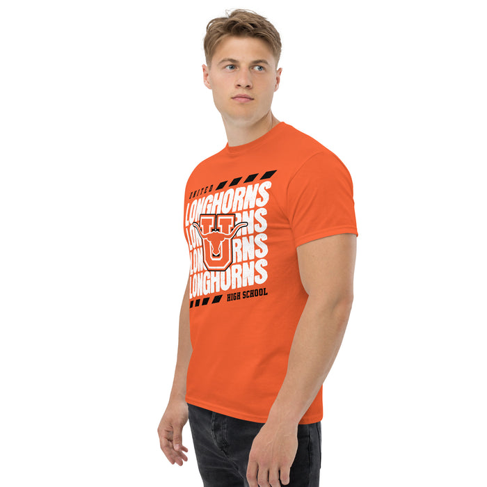 Side view of United High School Longhorns Orange Classic Unisex T-shirt 223