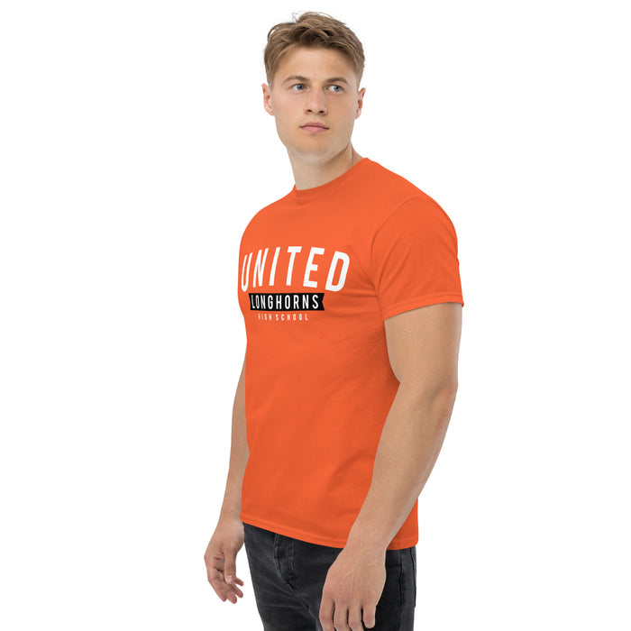 Side view of United High School Longhorns Orange Classic Unisex T-shirt 021