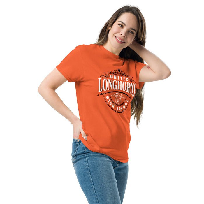 Woman wearing United High School Longhorns Orange Classic Unisex T-shirt 211