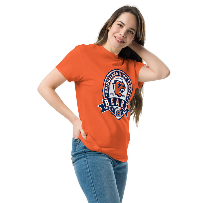 Woman wearing Bridgeland High School Bears Classic Unisex Orange T-shirt 212