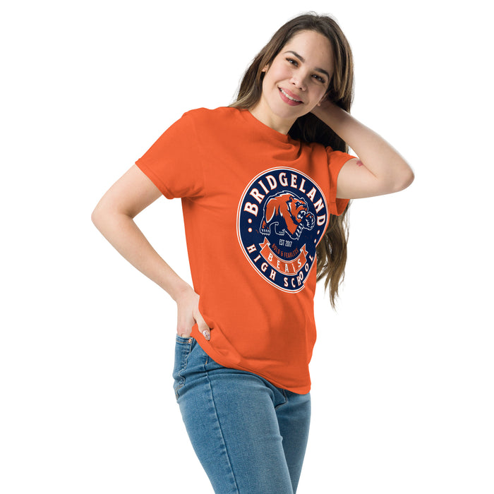 Woman wearing Bridgeland High School Bears Classic Unisex Orange T-shirt 215