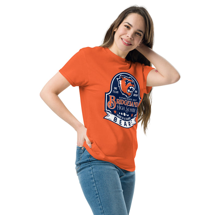 Woman wearing Bridgeland High School Bears Classic Unisex Orange T-shirt 219