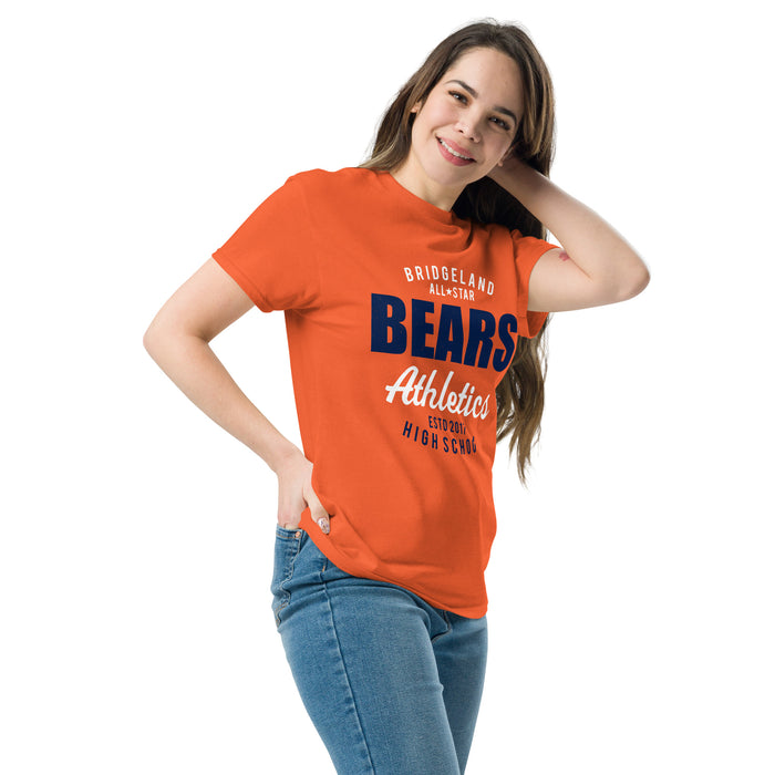 Woman wearing Bridgeland High School Bears Classic Unisex Orange T-shirt 034