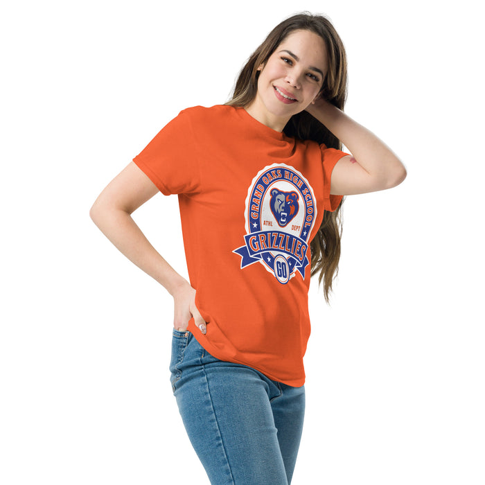 Woman wearing Grand Oaks High School Grizzlies Classic Unisex Orange T-shirt 212