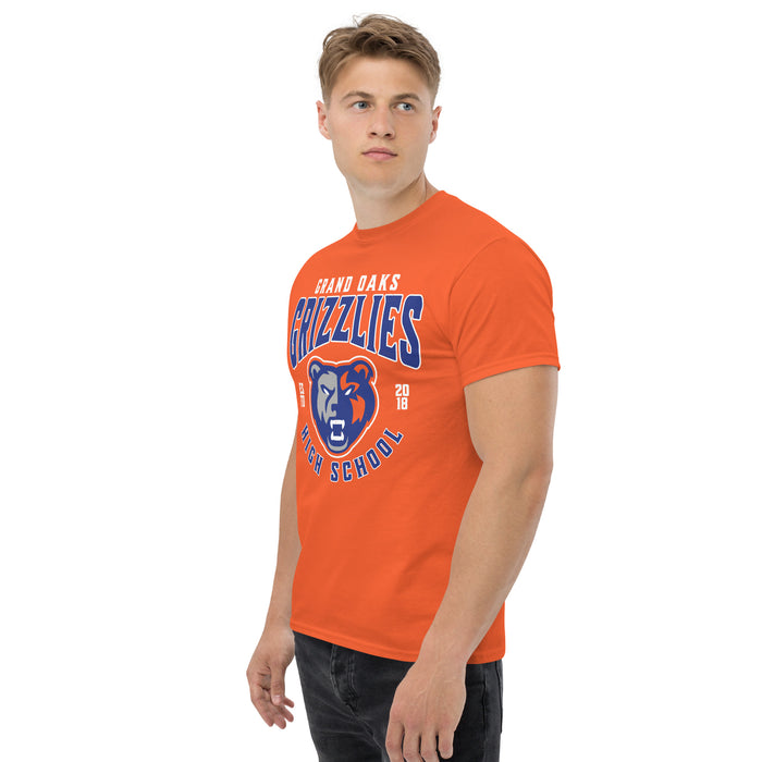 Side view of wearing Grand Oaks High School Grizzlies Classic Unisex Orange T-shirt 213