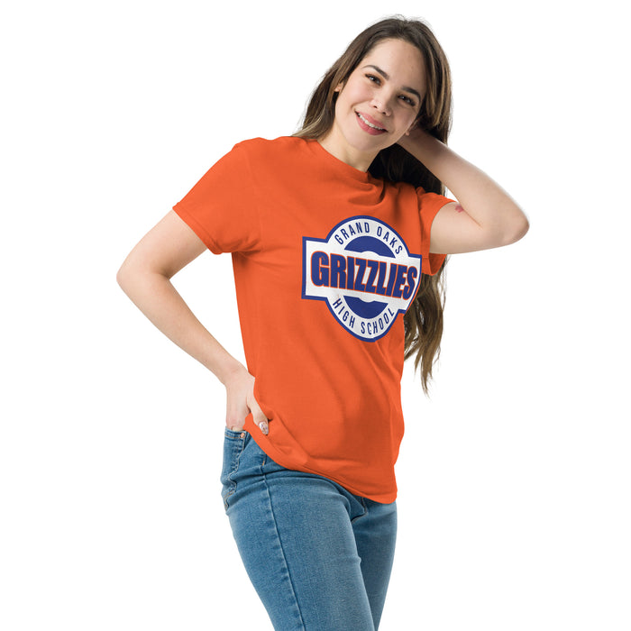 Woman wearing Grand Oaks High School Grizzlies Classic Unisex Orange T-shirt 011