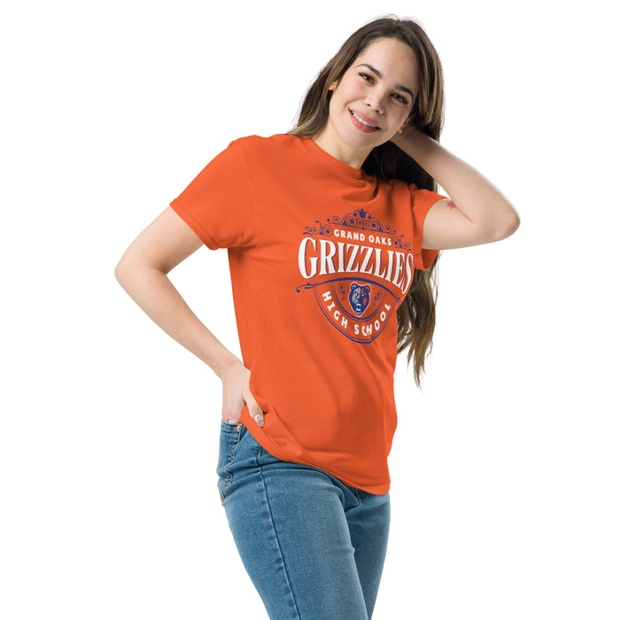 Woman wearing Grand Oaks High School Grizzlies Classic Unisex Orange T-shirt 211