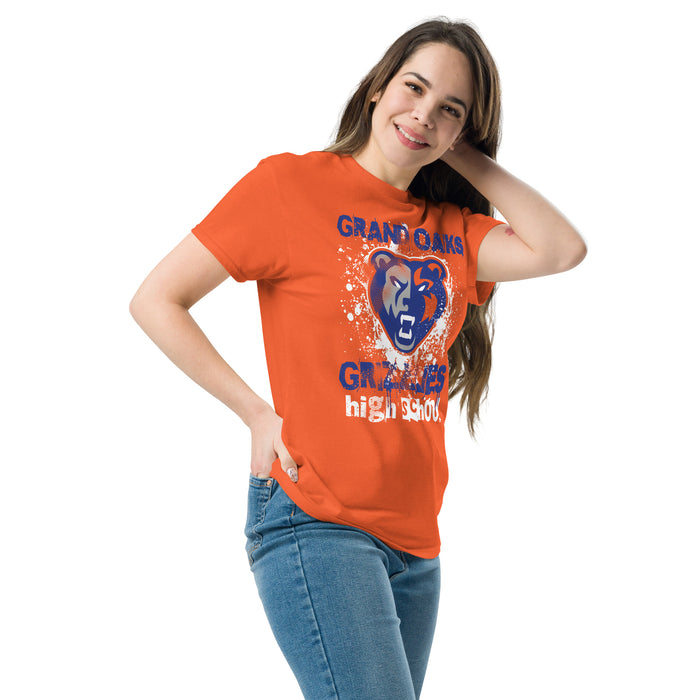 Woman wearing Grand Oaks High School Grizzlies Classic Unisex Orange T-shirt 205