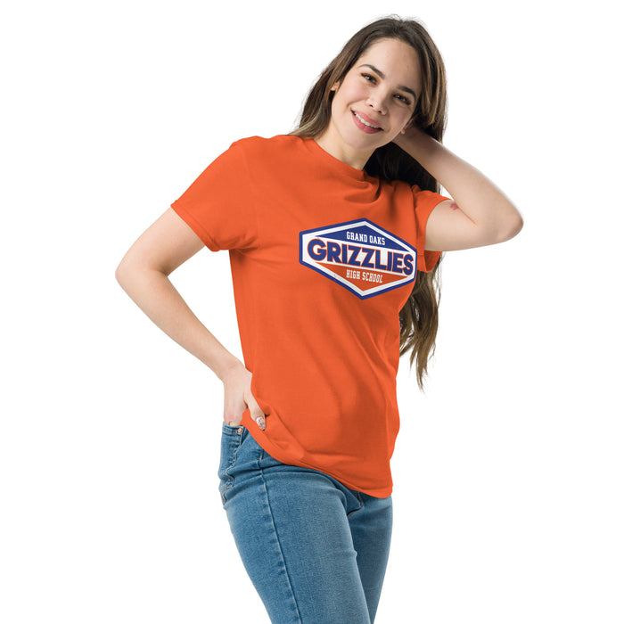 Woman wearing Grand Oaks High School Grizzlies Classic Unisex Orange T-shirt 009