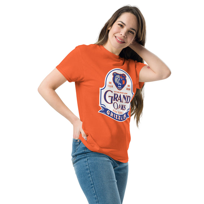 Woman wearing Grand Oaks High School Grizzlies Classic Unisex Orange T-shirt 219