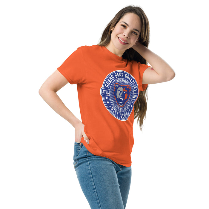 Woman wearing Grand Oaks High School Grizzlies Classic Unisex Orange T-shirt 224