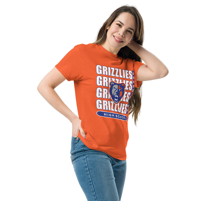 Woman wearing Grand Oaks High School Grizzlies Classic Unisex Orange T-shirt 235