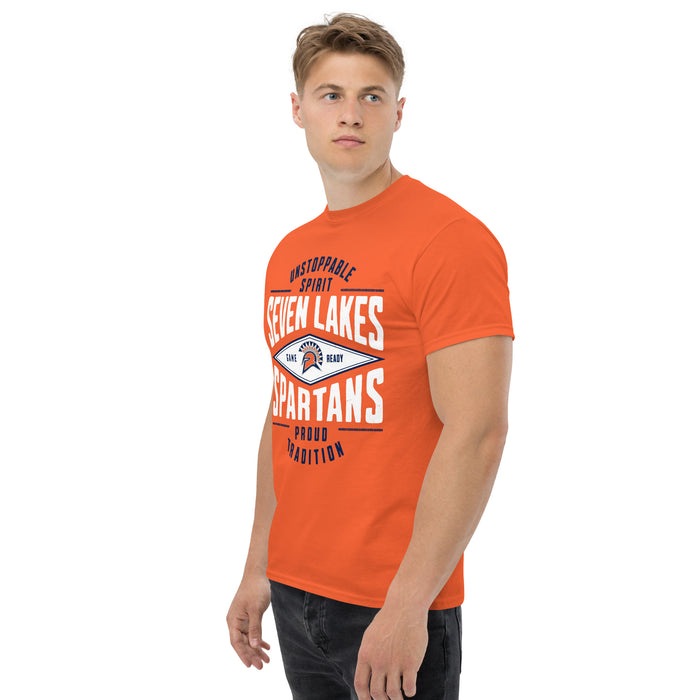 Man wearing Seven Lakes High School Spartans Orange Classic Unisex T-shirt 210