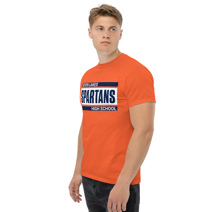 Man wearing Seven Lakes High School Spartans Orange Classic Unisex T-shirt 098